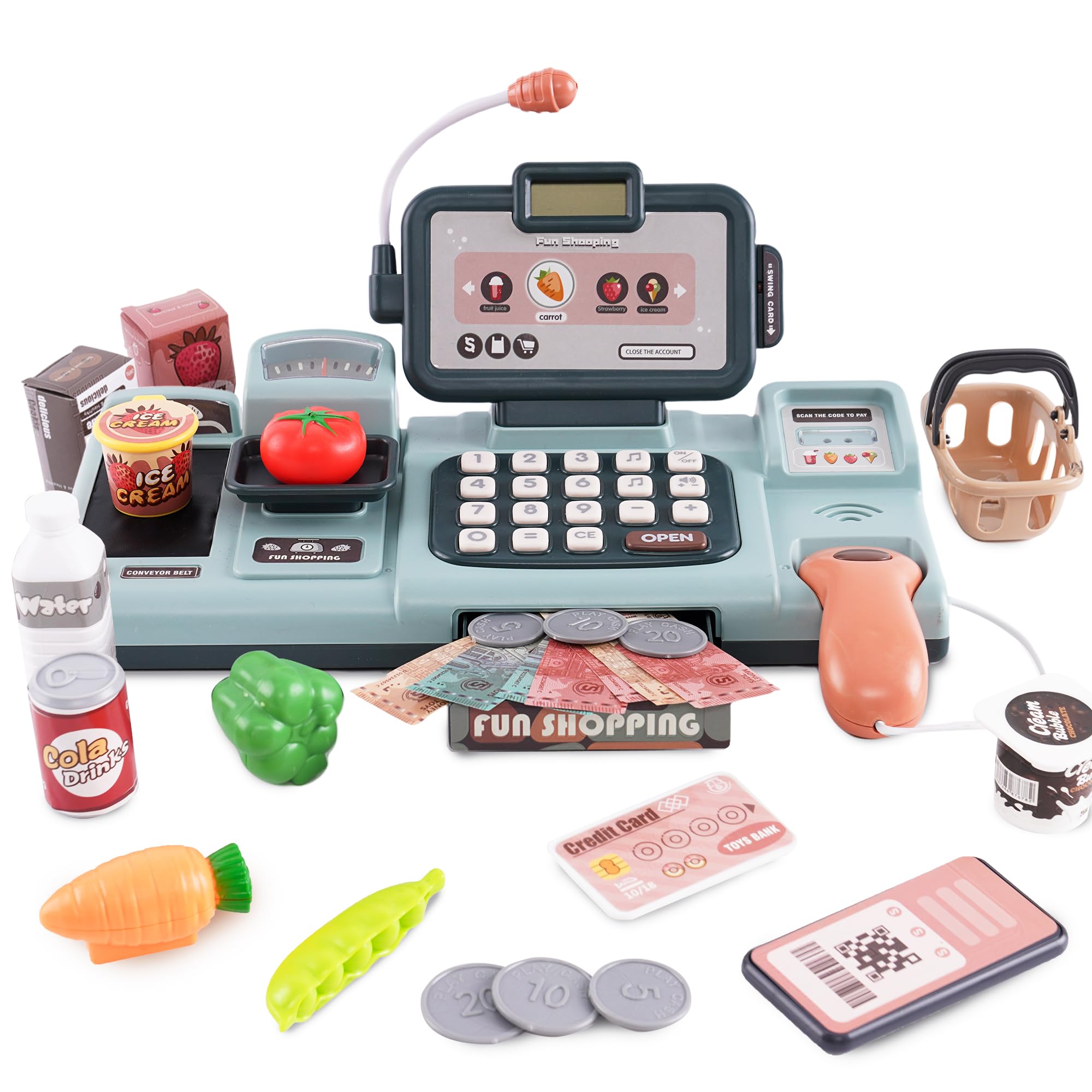 Cash Register Toy Pretend Play Toy Play Kitchen Set with Sound Scanner Food Shop