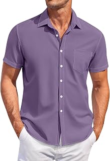 Mens Stretch Short Sleeve Casual Button Down Pocket Shirt
