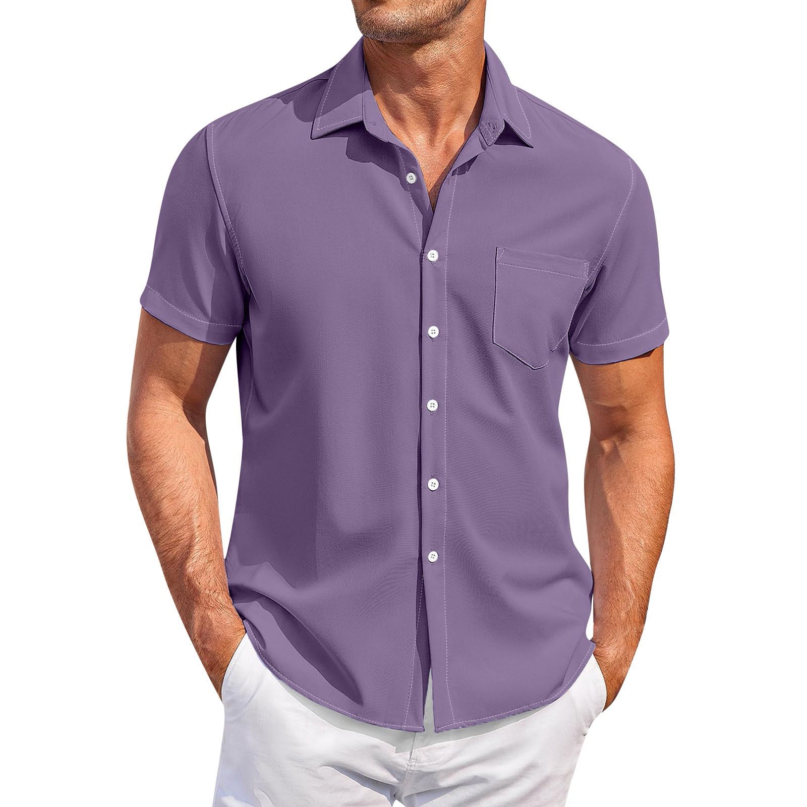 Mens Stretch Short Sleeve Casual Button Down Pocket Shirt