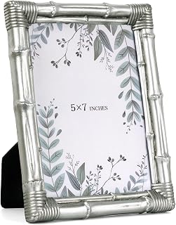 5x7 Bamboo Picture Frame, 5x7 Photo Frame Resin with Tempered Glass Rustic Decorative Frame for Tabletop Display and Wall Mount Ideal Gift for Living Room Vanity Shelf Decor Keepsake, Silver