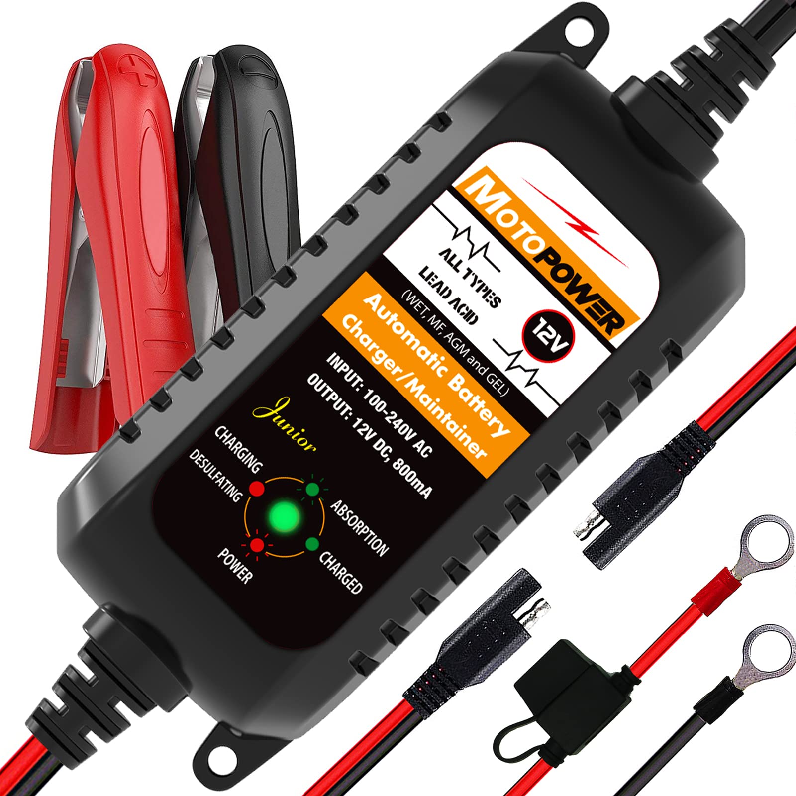 MOTOPOWER MP00205A 12V 800mA Automatic Battery Charger, Maintainer, Trickle and 