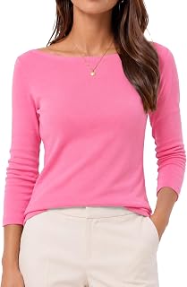 QUALFORT Womens Boat Neck 3/4 Sleeve T-Shirts Slim Fit