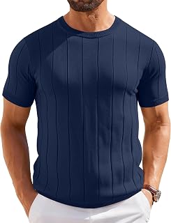 Coofandy Camisetas de Punto de Manga Corta para Hombre, Estilo Casual, Cuello Redondo, Acanalado