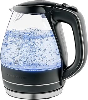 OVENTE 1.5L Glass Electric Kettle Water Boiler, Black KG83B | Fast Boiling, Borosilicate Glass, BPA-Free, Blue LED, Auto Shut-Off, Boil-Dry Protection, Removable Filter, 360° Base, 1100W