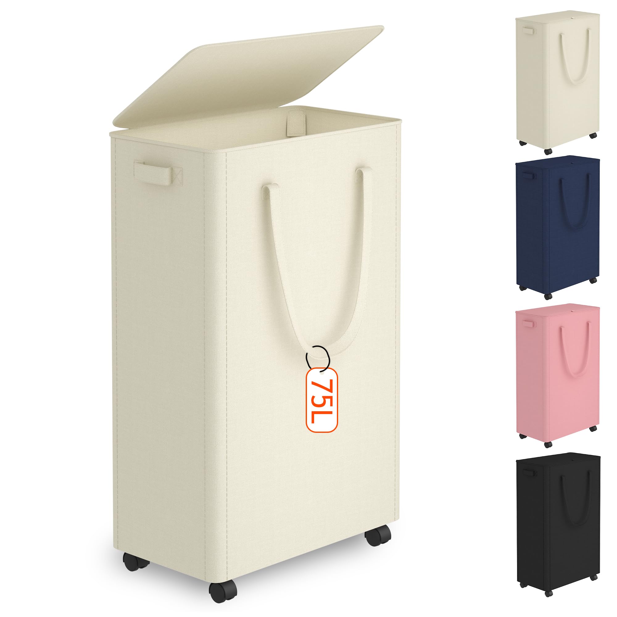 Slim Laundry Hamper with Wheels,20 Gal (75L) Rolling Laundry Basket with lid and
