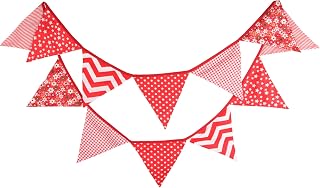 G2PLUS Double Sided Fabric Bunting Banner, Two Layer Triangle Bunting, 3.3M with 12PCS Red Flower Pennants, Cotton Shabby Chic Garland for Bedroom Brithday Tea Party Decorations