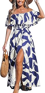 CUPSHE Women's Summer Dress with Off Shoulder Maxi Length Ruffle Bodycon Waist Printed Tropical