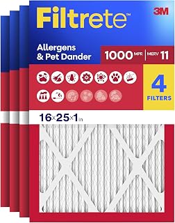 Filtrete 16x25x1 Air Filter, MERV 11, MPR 1000, 4 HVAC Filters | Allergens & Pet Dander, 3-Month AC/Furnace Filters, Cleaner Air, Reliable Airflow, (Act. Size 15.68x24.68x0.81 in)