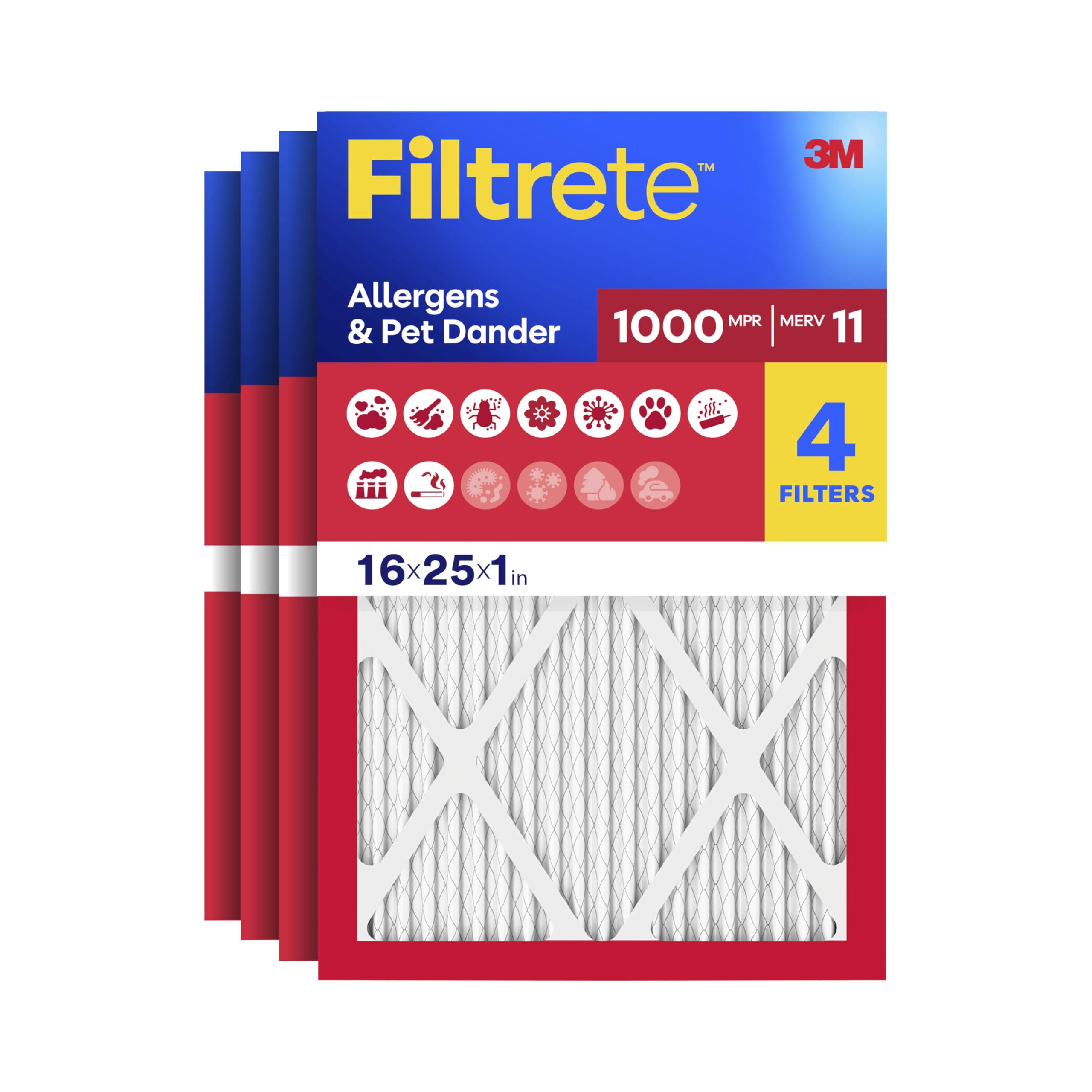 Filtrete 16x25x1 Air Filter, MERV 11, MPR 1000, 4 HVAC Filters | Allergens & Pet