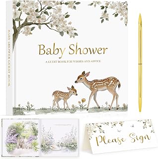 Lanpn Baby Shower Guest Book with Gold Pen & Please Sign Table Card, 114 Pages Baby Shower Guest Sign in Book, Gender Neutral Animal Theme, Memory Keepsake Gift for New Parents & Mom to Be
