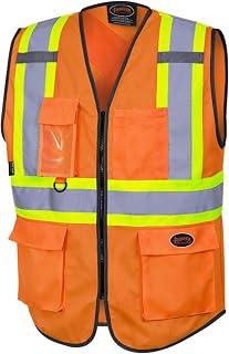 Pioneer Hi Vis Safety Vest for Men & Women - Class 2 Construction, Traffic | Orange Zip-Up Reflective Vest with 5 Pockets for Cell Phone, ID, Tools, Pens - Fall Protection Slot