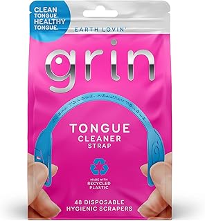 GRIN Tongue Cleaner Strap, 48 Count, Disposable Tongue Cleaner, Hygienic Dual Edge Scraper, Recycled Plastic, Clean Tongue, Healthy Tongue, Promote Fresh Breath, Includes Safe Fold- Back Tooth Pick