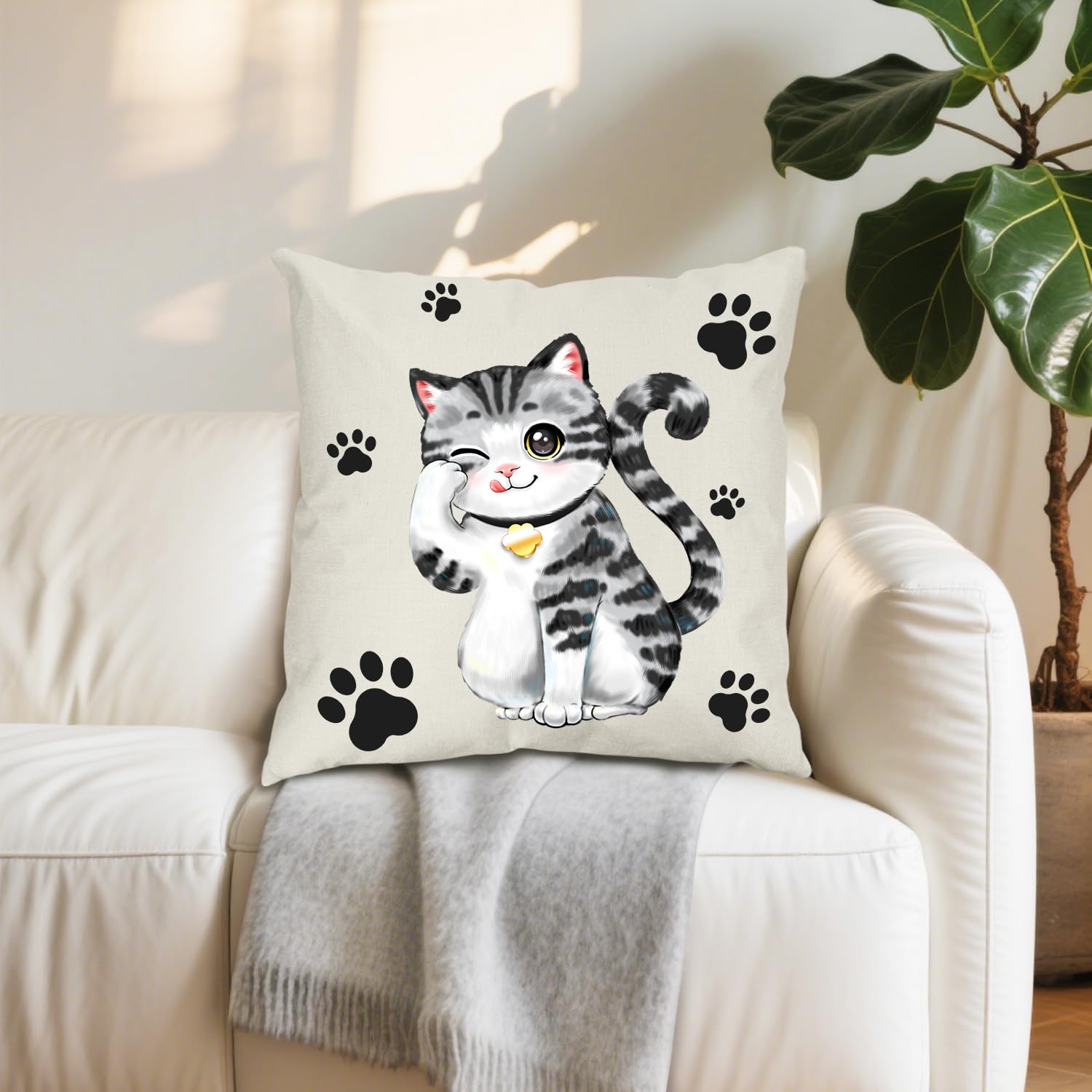 Cute Kawaii Cat Paw Print Cushion Cover Sofa Sofa Cushion Cover Black White Anim