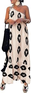 PRETTYGARDEN Women One Shoulder Spaghetti Straps Printed Flowy Boho Beach Maxi Long Sundress Summer Dress