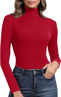 PALINDA Women's Ribbed Turtleneck Fitted Long Sleeve Shirts Basic Thermal Layering Tops