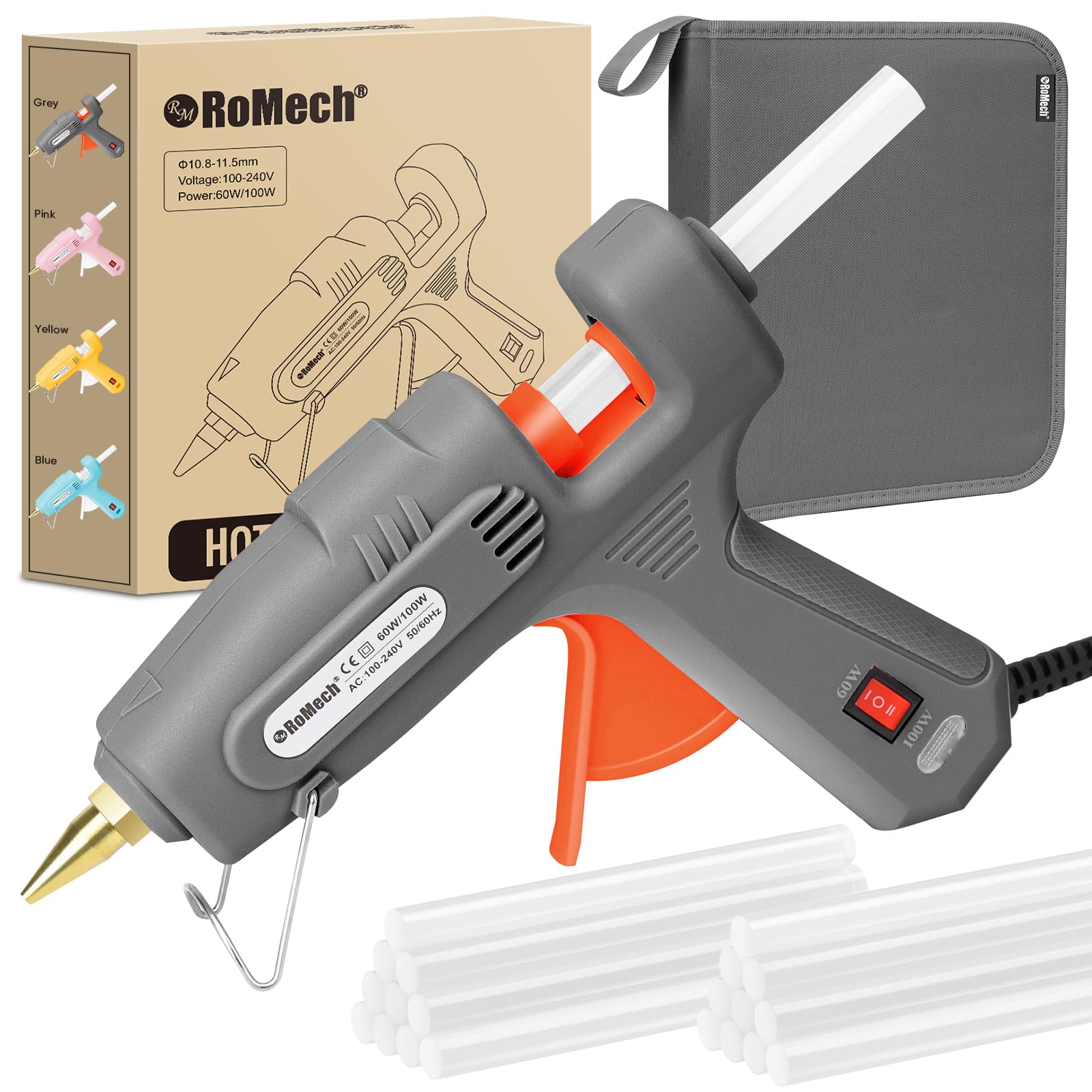 ROMECH 60/100W Dual Temp Hot Glue Gun and Sticks Set, Full Size with Case | Buil
