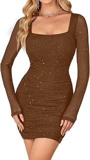 Rooscier Women's Sexy Ruched Bodycon Mini Dress Mesh Sparkly Long Sleeve Club Short Dress