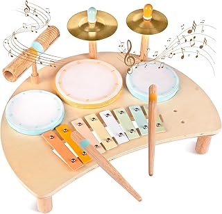 Wooden Drum Set Toys for 2-3 Year Old Montessori Musical Instruments Toy | Drum with Xylophone Birthday Gift for 18+ Months Boys Girls
