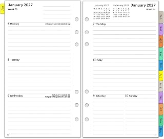 YHH 2027 Diary Refill Personal Size 6 Holes, Weekly & Monthly Planner Inserts (Jan-Dec), Week on 2 Pages with Tabs, Password, Notes & Contact, Compatible with Filofax Personal Organiser, 9.5x17.1cm
