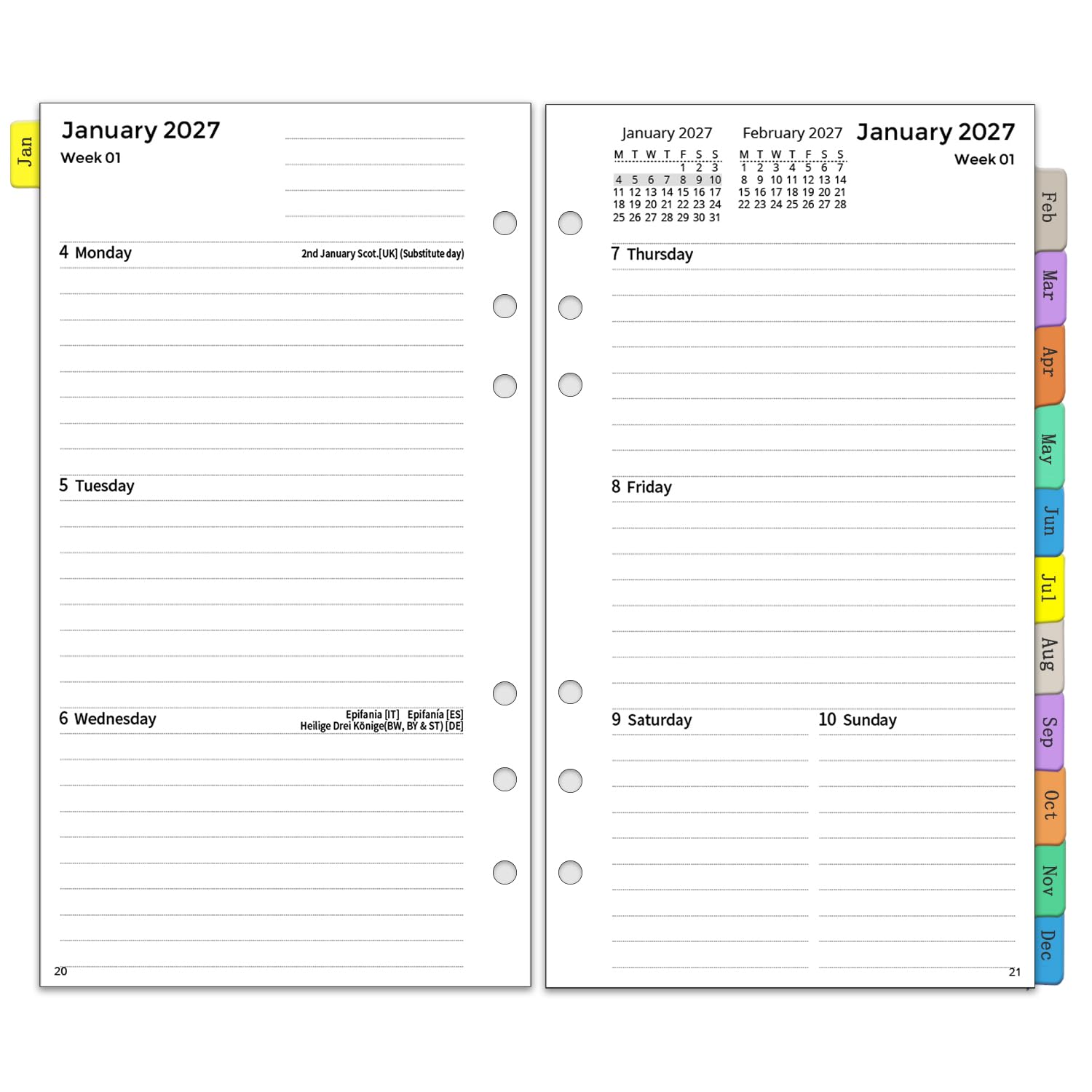 YHH 2027 Diary Refill Personal Size 6 Holes, Weekly & Monthly Planner Inserts (J