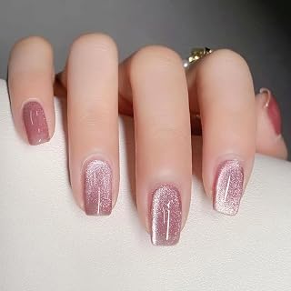 24pcs French Cat Eye False Nails Pink Glitter Press On Nail Short Square Shiny Fake Nails Acrylic Full Cover Glue On Nails Natural Reusable Stick Nails for Women Girls Manicure Decoration