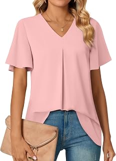 Anyally レディース サマー ドレッシー シフォン ブラウス Vネック フリル 半袖 チュニック トップス レギンス カジュアル Tシャツ