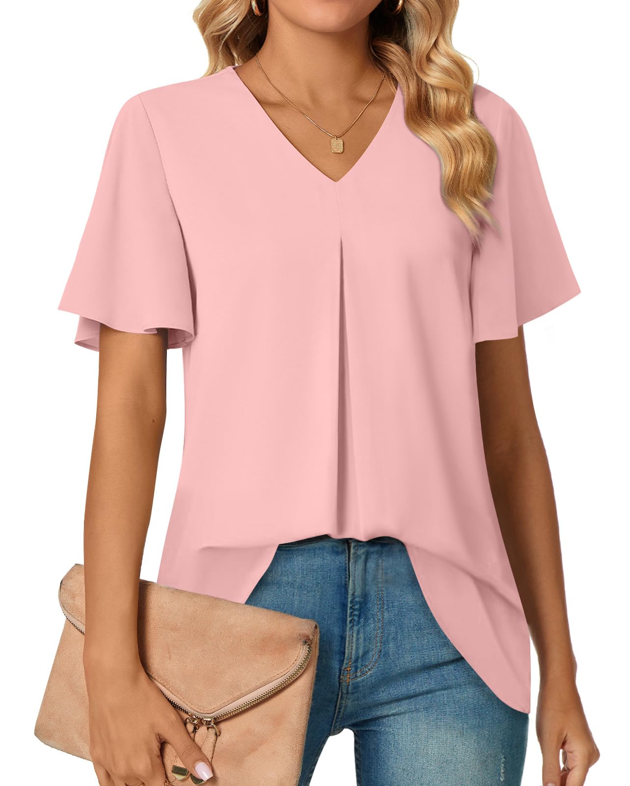 Anyally レディース サマー ドレッシー シフォン ブラウス Vネック フリル 半袖 チュニック トップス レギンス カジュアル Tシャツ