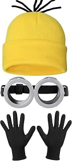 3 Pcs Halloween Costume Accessories Adult, Easy Costume Men Women Kids | One Size Fits Most, Adjustable Vintage Goggoles Eyewear Glasses, Yellow Beanie Knit Hat, Black Gloves for Cosplay Party Set
