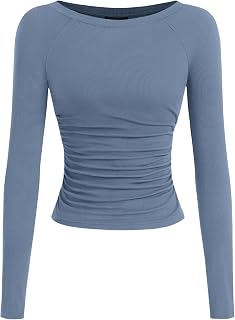 PRETTYGARDEN Camicie a maniche lunghe da donna 2025 autunno increspato lati scollo a barca t-shirt basic casual aderente a costine crop top in maglia