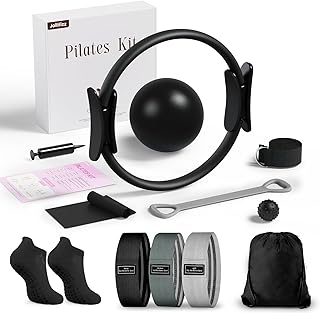 Pilates kit 12 PCS for Women Home Workout, Pilates Equipment Ring and Ball Set with 3 Fabric Resistance Bands, Massage Ball, Pilates Starter Kit for Strength, Toning, Including Workout Guide