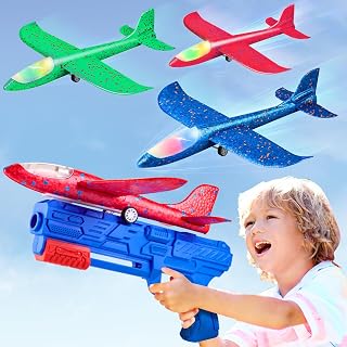 Neoot Toy Airplane, 3 Pack Airplane Launcher Toy 2 Flight Mode Glider LED Foam Glider Plane Outdoor Toys for Kids Ages 4 5 6 7 8 9 10 11 12 Year Old Boys Birthday Gift, Educational Flying Kids Toys