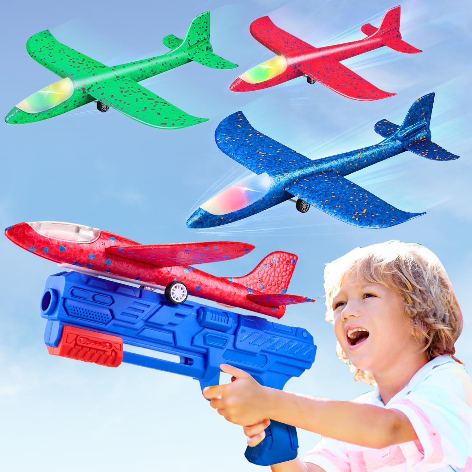 Neoot Toy Airplane, 3 Pack Airplane Launcher Toy 2 Flight Mode Glider LED Foam G