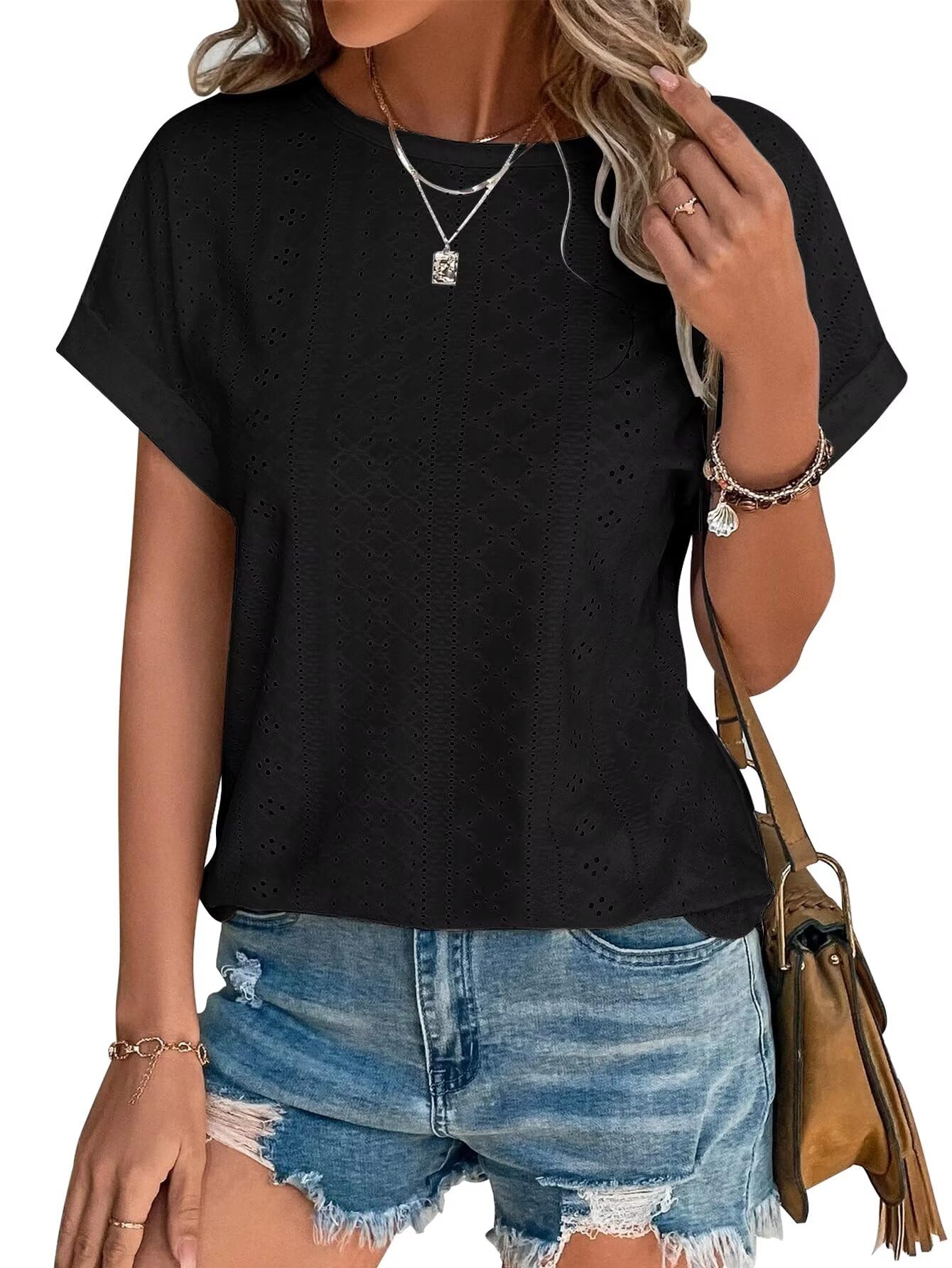 Bliwov Women's Summer Short Sleeve Embroidery Eyelet Blouses