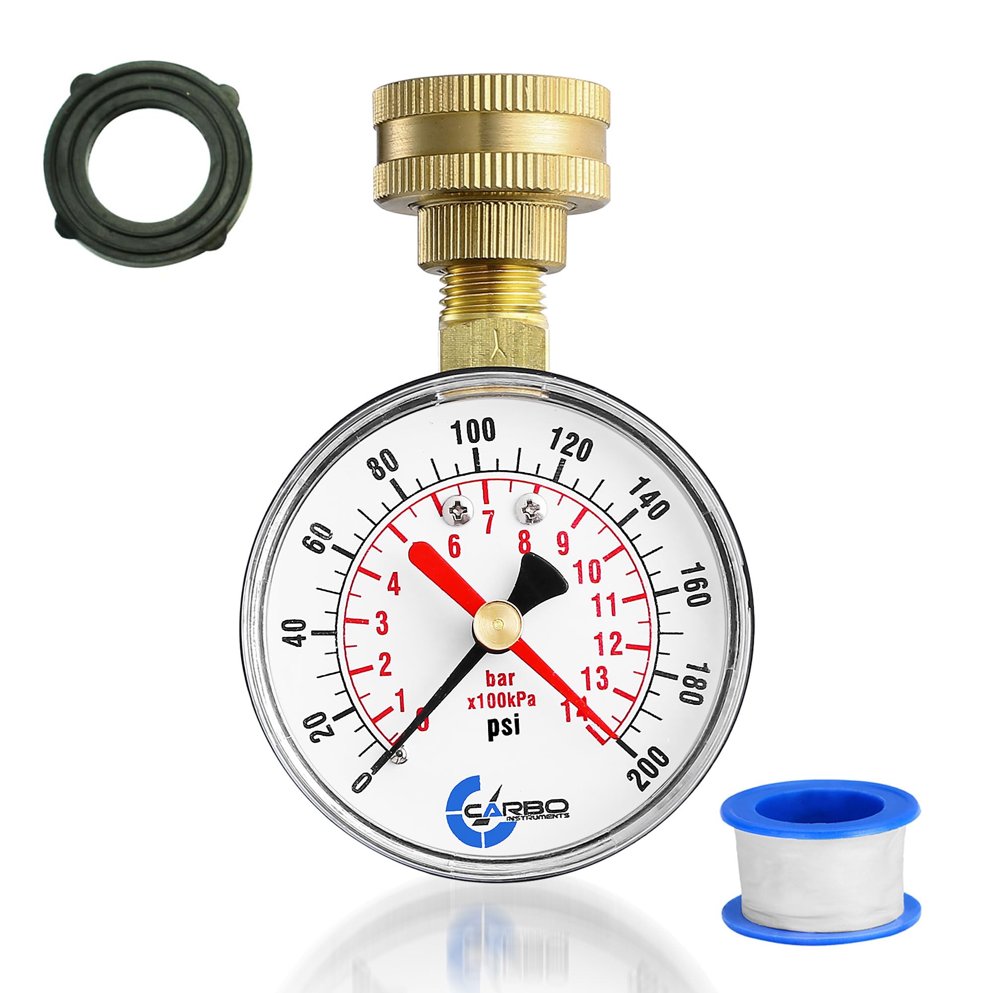 CARBO Instruments 2-1/2" Water Pressure Test Gauge, 0-200 PSI, Red Max Pointer, 