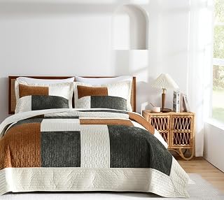 Grassix Velvet Quilt Set Queen Size, Luxury Patchwork Design, Green Caramel
