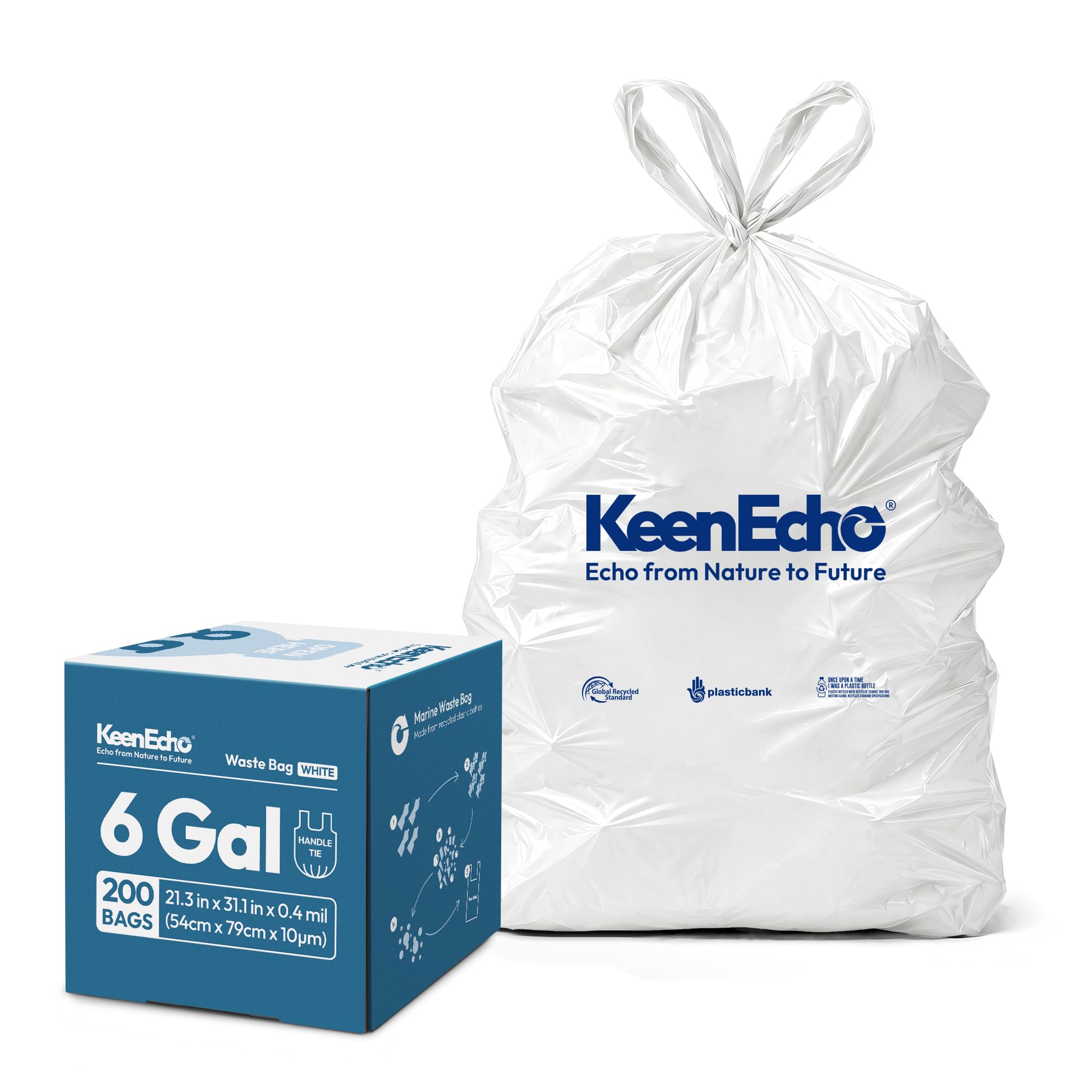Small Trash Bags with Handles 6 Gallon 200 Count White - Ocean Plastic Upcycling
