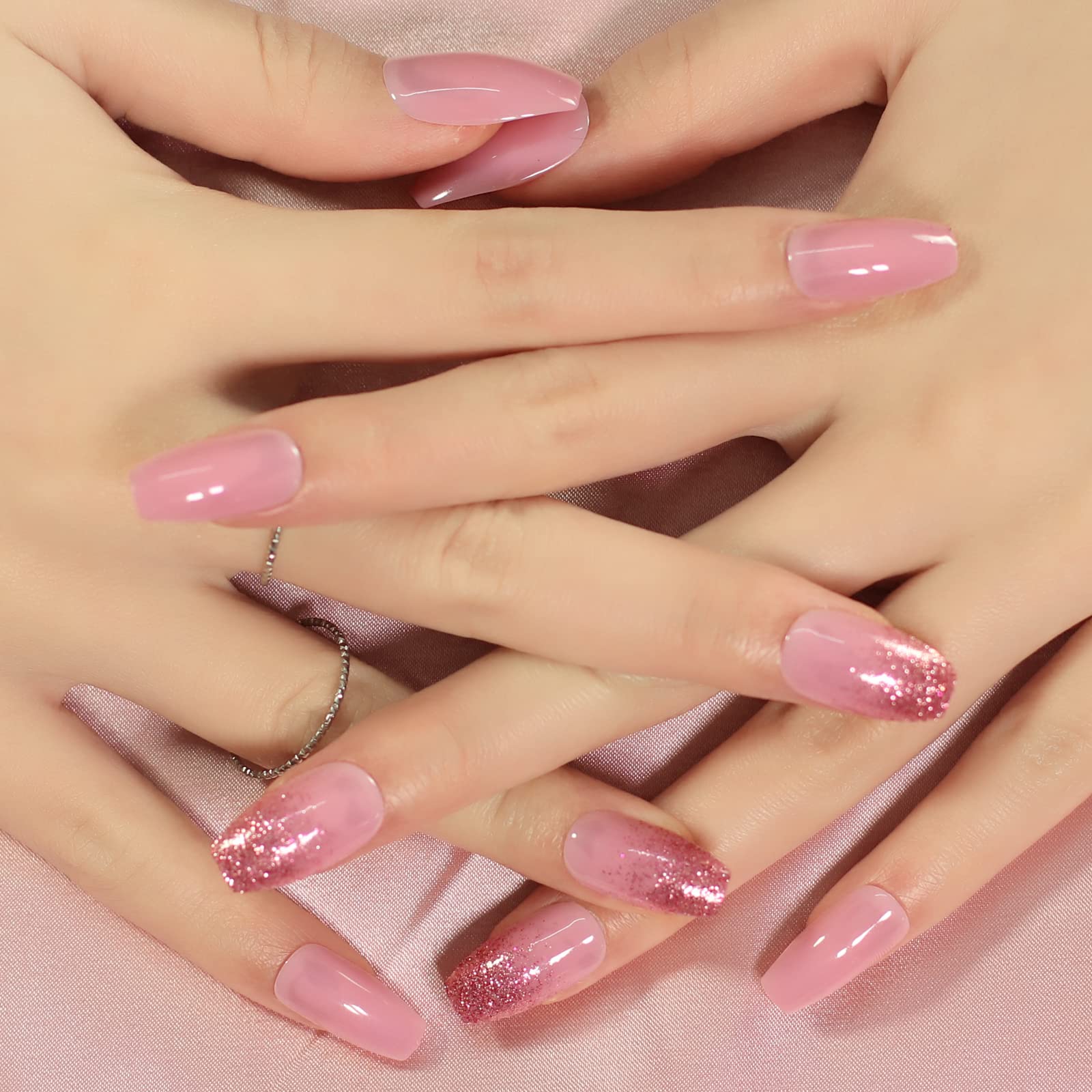 Christmas Nails Glossy Pink Push Nails Pink Glitter French Fake Nails Medium Len
