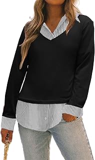 Oyamiki Women's Classic Collar Curved Hem 2 in 1 Knit Pullover Plaid Contrast T-Shirt Top