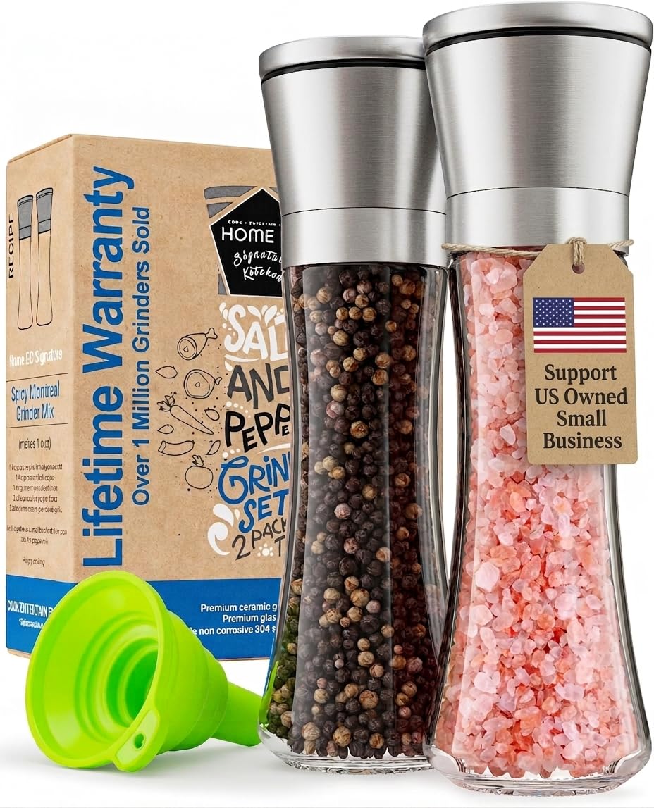 Home EC Premium Stainless Steel Sea Salt and Pepper Grinder Set of 2 - Adjustabl