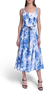 Karl Lagerfeld Women's Sleeveless Scoop Neck Belted A-line Midi Dress