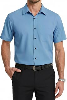 HISDERN Men's Short-Sleeved Summer Bamboo Fibre Shirt with Buttons and Pockets