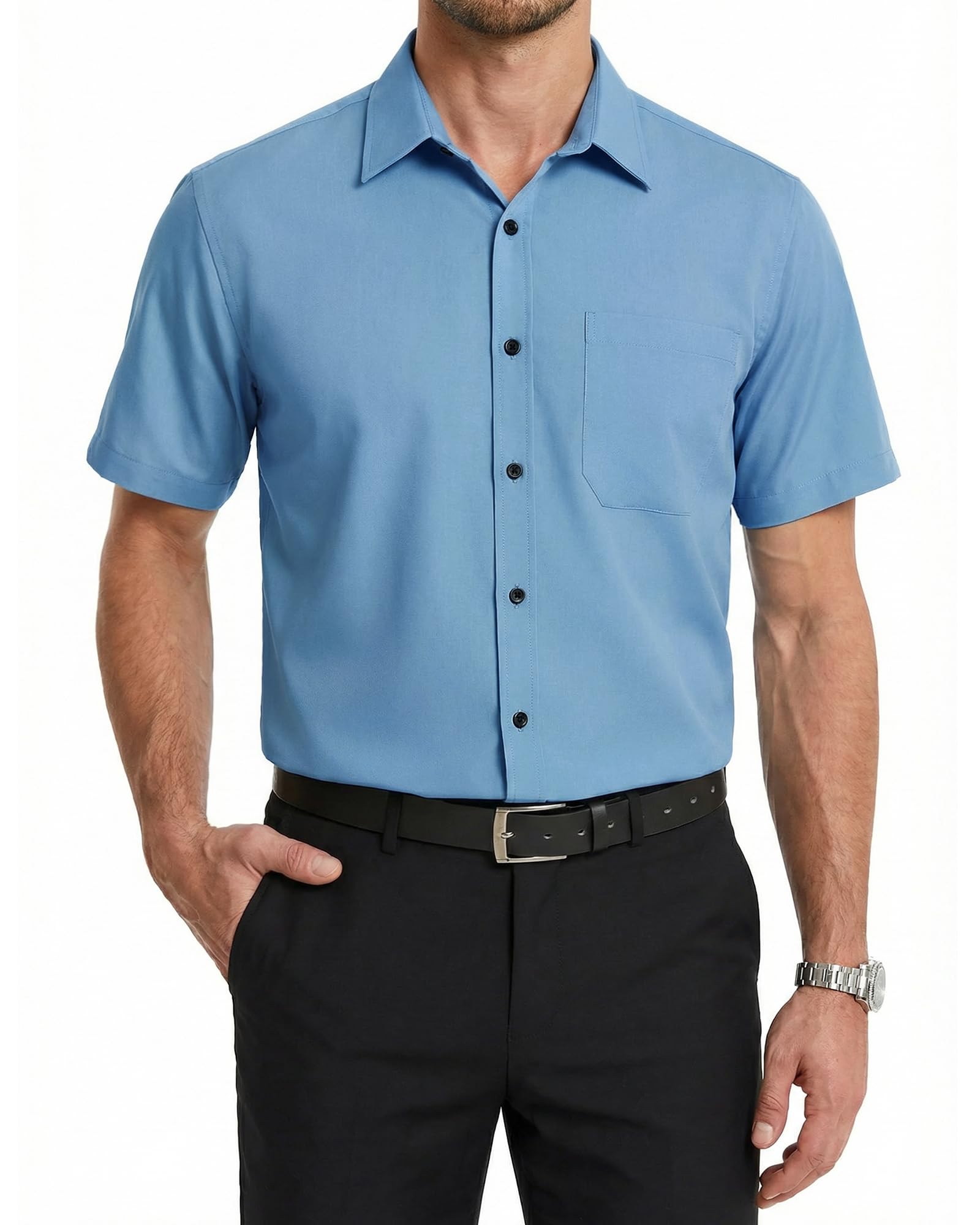 HISDERN Men's Short-Sleeved Summer Bamboo Fibre Shirt with Buttons and Pockets