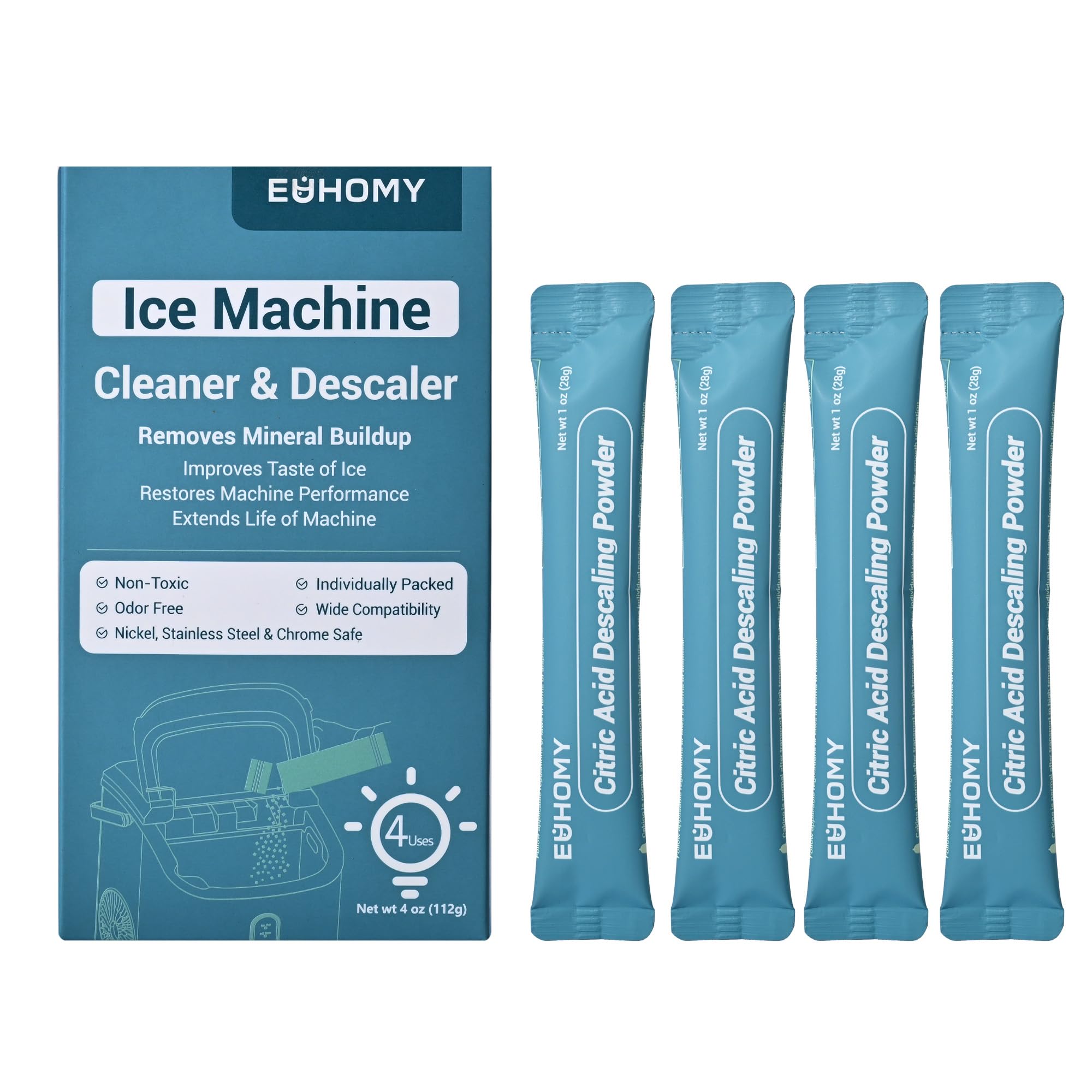 EUHOMY Ice Maker Cleaner & Descaler, 4 Uses & Individually Packed | Ice Machine 