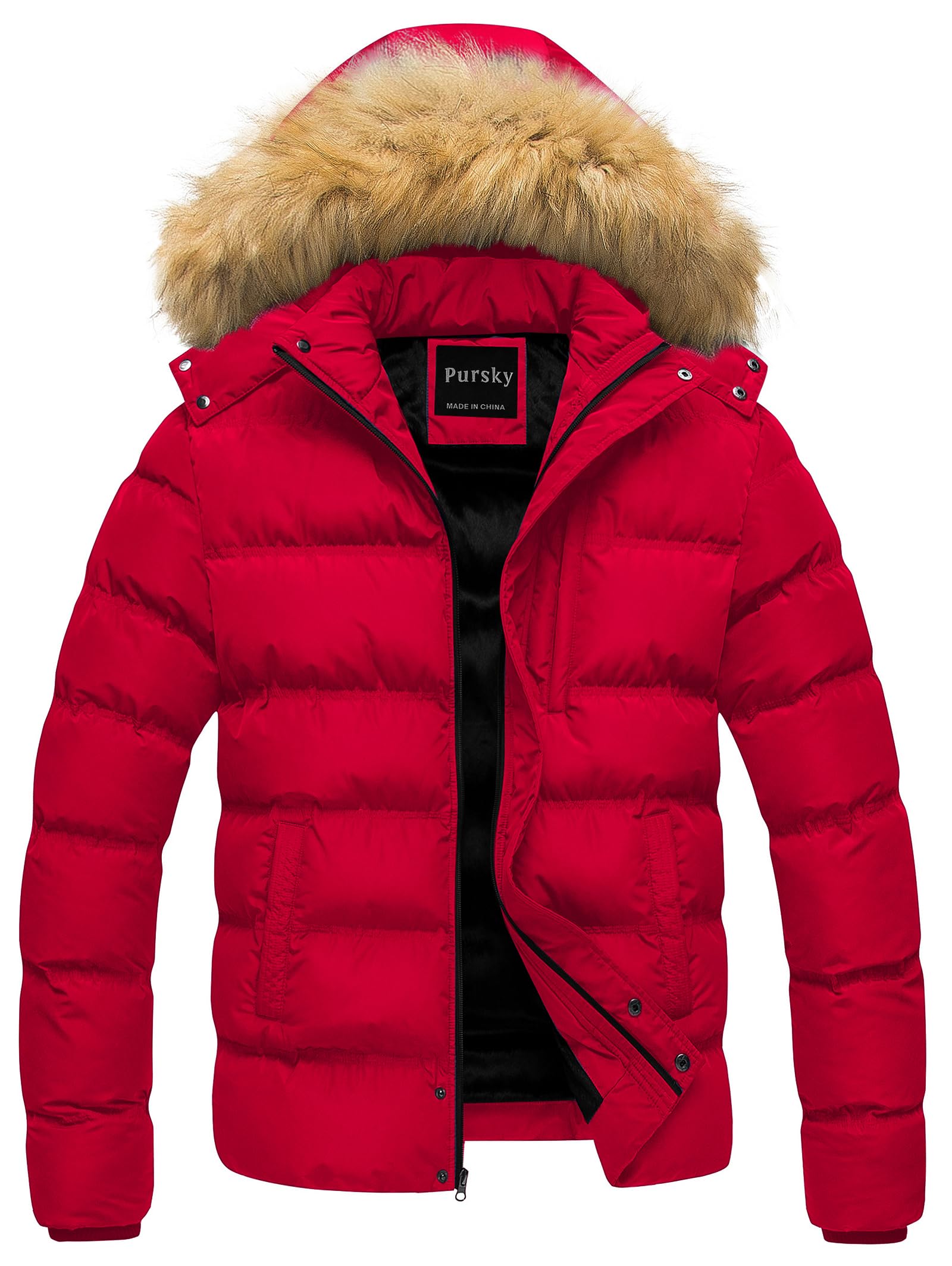 Pursky Men's Puffer Jacket Waterproof Winter Bubble Coats Ski Parka Fur Hooded