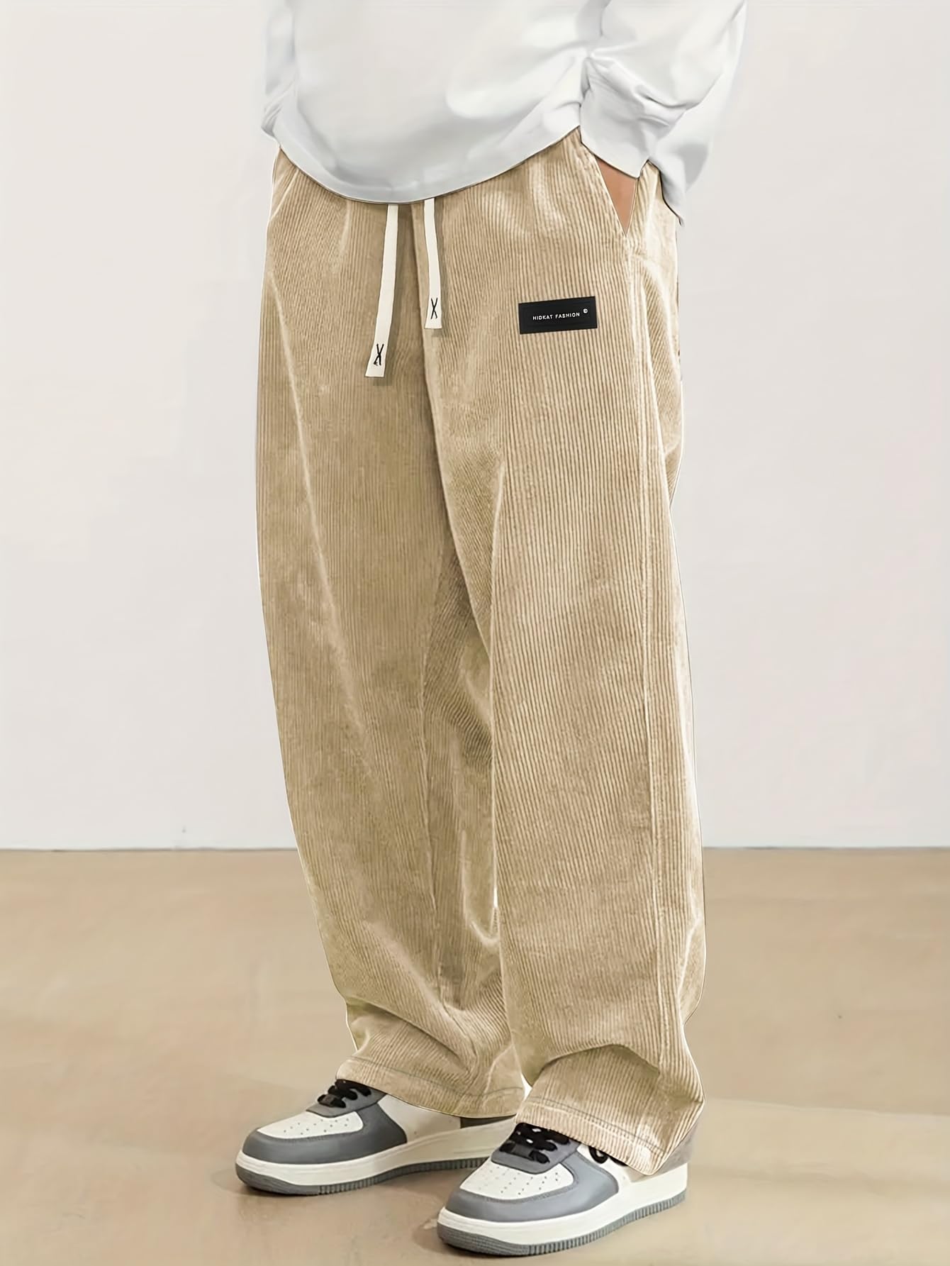 Men's Corduroy Straight Leg Sweatpants Loose Fit Wide Leg Elastic Waist Drawstri