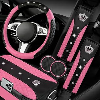 NBTEPEM 6 PCS Bling Pink Car Accessories Set, Leather Pink Steering Wheel Covers Universal 14.5-15 inch, Center Console Cover, Seat Belt Cushion, Cup Holder Coaster