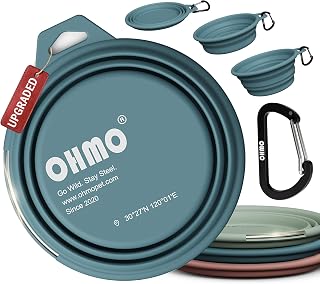 OHMO Large Collapsible Dog Bowl with Steel Ring, 800ml, Light Blue