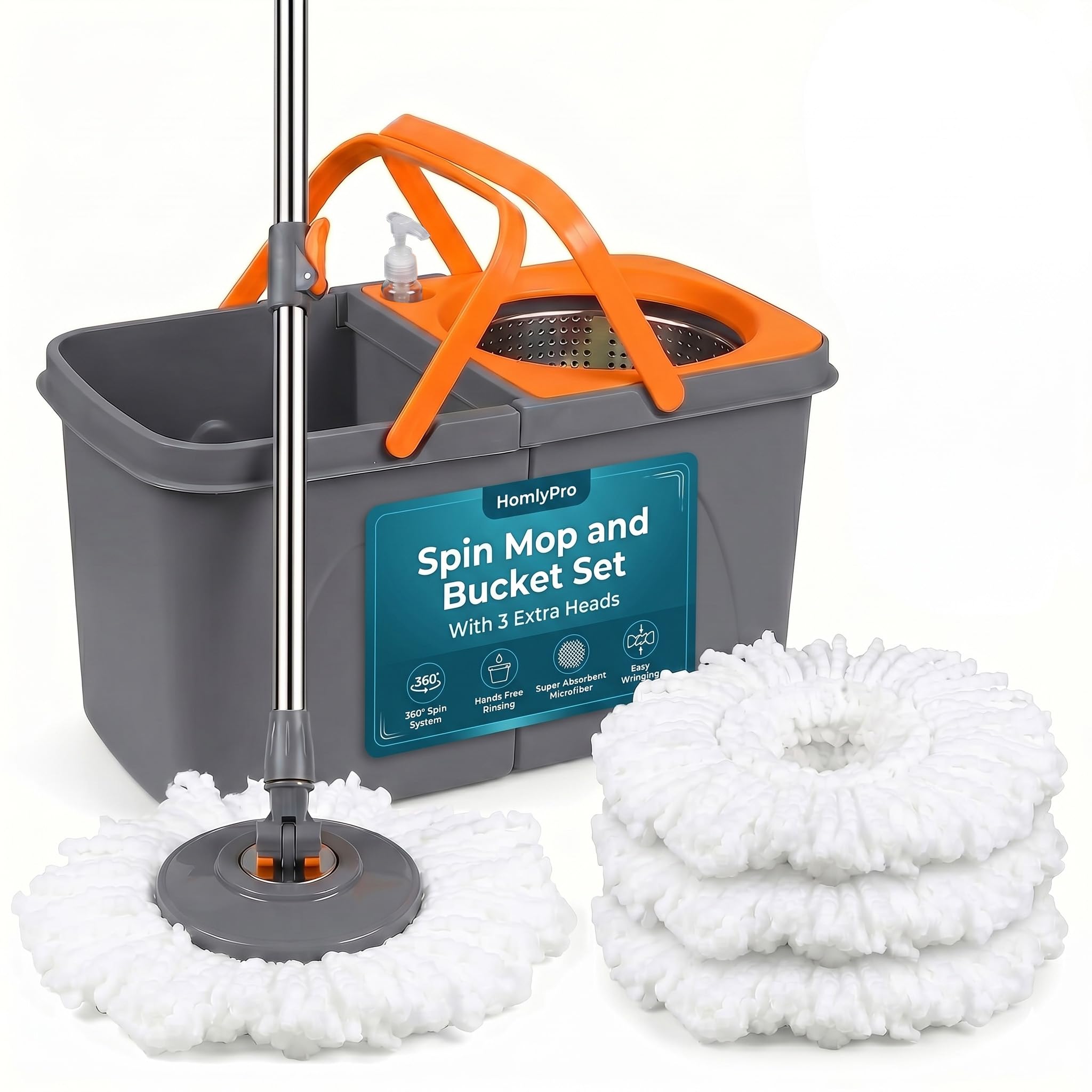 Spin Mop and Bucket Set With 3 Extra Heads, 130cm Extendable Handle - Grey and O