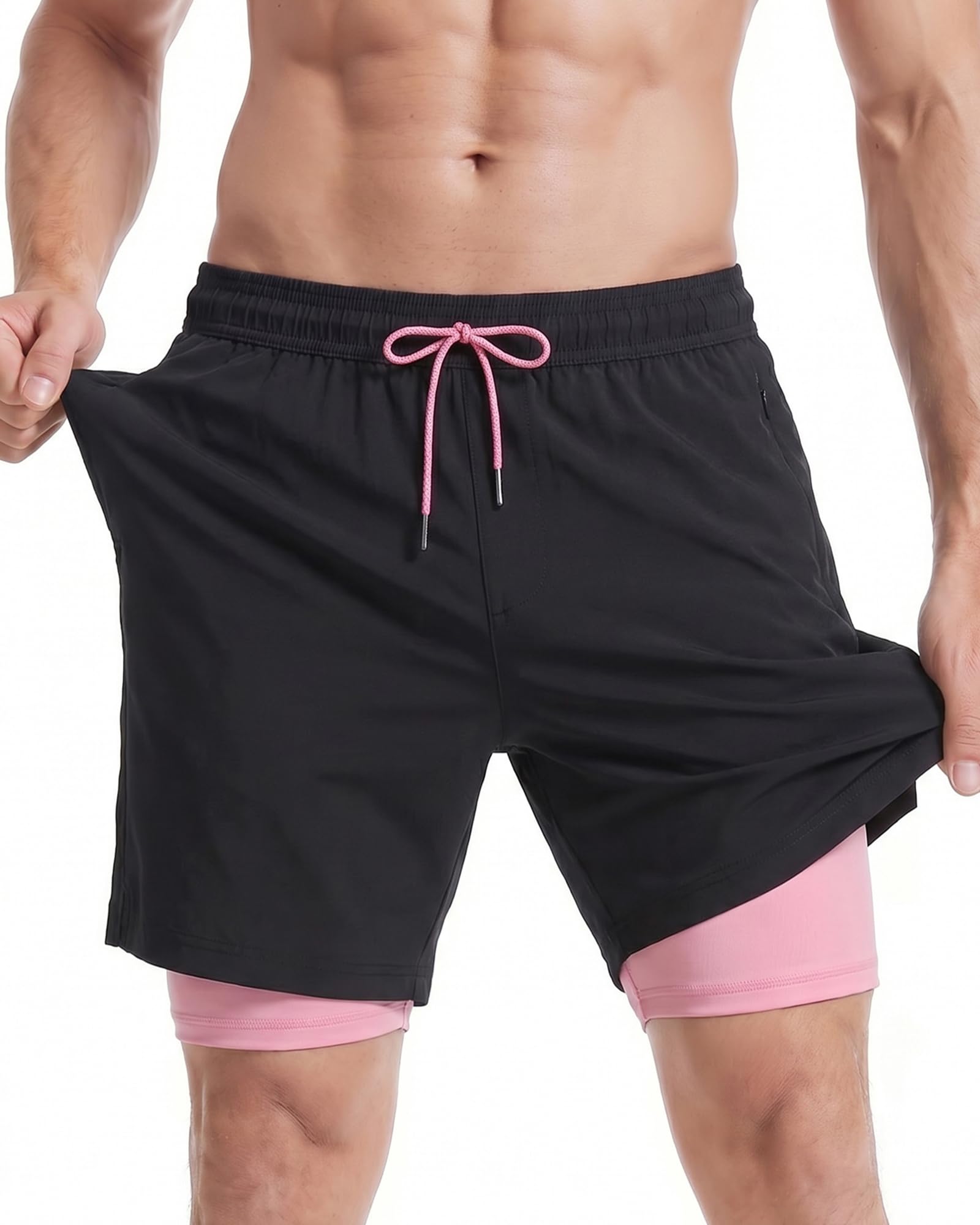 maamgic 2 in 1 Compression Lined Swimsuit with Zipper Men Swim Shorts Beach