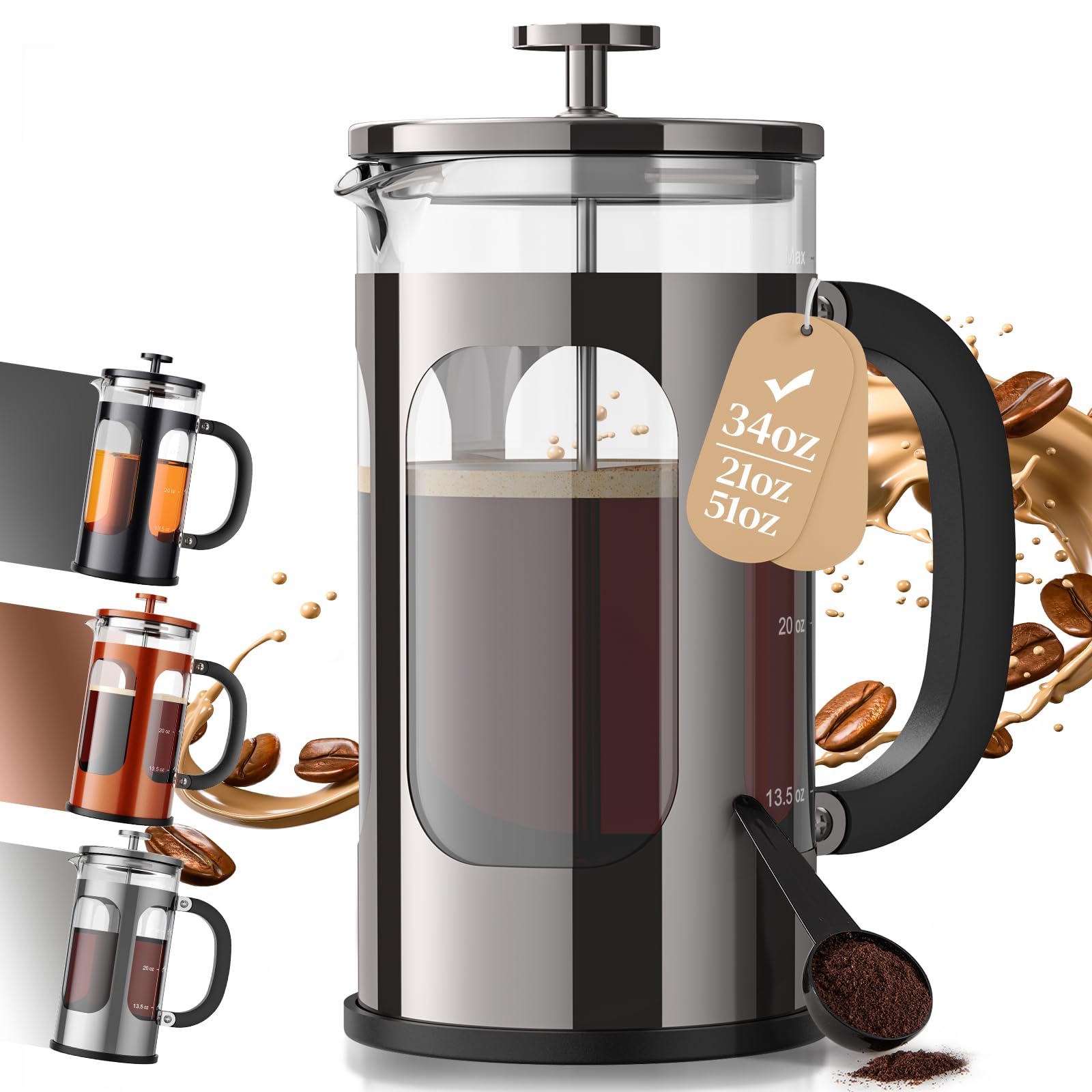 Veken 34oz French Press Coffee Maker, No Plastic Touching Cafe,1 L Cafetera | Th